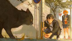 &gt;_&lt; 2boys :&lt; angry arms_up bag black_cat black_hair black_jacket black_shorts blue_pants blush cat closed_mouth collared_jacket commentary crew_neck double-parted_bangs english_commentary food food_wrapper haikyuu!! hair_between_eyes hand_on_own_chest hand_on_own_knee highres hinata_shouyou holding holding_food jacket kageyama_shigeo keo_chooo laughing leaf long_sleeves male_focus multiple_boys narrowed_eyes open_clothes open_jacket open_mouth orange_hair outdoors outstretched_arm pants popped_collar shirt shoes short_hair shorts shoulder_bag standing tree unzipped utility_pole white_shirt yield_sign