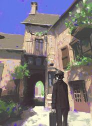 1boy absurdres black_eyes black_hair black_hat black_jacket black_pants blue_sky closed_mouth cowboy_shot hair_between_eyes hat highres holding holding_suitcase jacket looking_to_the_side male_focus original outdoors pants scenery short_hair sky solo sorrowny standing suitcase