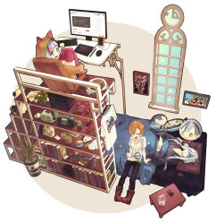 1boy 2girls :d ^_^ animal_hood arched_bangs arm_support bed bed_sheet black_kimono black_pants blanket blue_eyes blush book bookshelf boots broken_horn brown_background cable cactus cat_hood character_pillow closed_eyes clothes_hanger commentary_request computer computer_keyboard computer_mouse cube cup envelope eye_mask fang flower_pot food grey_hair hair_ornament hair_scrunchie hassaku_yuzu hassaku_yuzu_(1st_costume) hood hood_down hoodie horns hugging_own_legs id_card izumo_kasumi_(nijisanji) japanese_clothes kimono lanyard letter long_hair long_sleeves looking_to_the_side lying monitor multicolored_hair multiple_girls nakao_azuma nakao_azuma_(1st_costume) nijisanji notepad object_request on_back on_bed open_mouth orange_hair orange_hoodie pants parted_bangs pencil phone_stand picture_frame pillow plant plate potted_plant red_boots red_hair red_scrunchie red_thighhighs sacanahen scrunchie shelf shirt short_hair short_sleeves sitting skin_fang sleep_mask sleeping smartphone_case smile stereo streaked_hair stuffed_animal stuffed_dragon stuffed_panda stuffed_toy stylus suzuki_masaru t-shirt table tablet_pc thighhighs tray two-tone_background umiyasha_no_kami unworn_lanyard unworn_shirt uzuki_kou v-neck virtual_youtuber white_background white_hair white_shirt wide_sleeves window