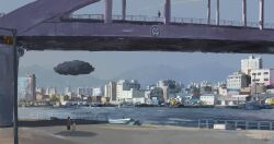 2boys apartment bridge building child city cloud dark_clouds day highres mountainous_horizon multiple_boys ocean original scenery shadow slow_d sunlight water