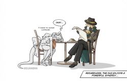 Rule 34 | 1boy, 1girl, 6 (reverse:1999), 6 (time and location) (reverse:1999), anjo nala, bare shoulders, black hat, black pants, black shoes, blonde hair, bread, breasts, brown coat, brown gloves, chair, coat, color drain, crossed legs, cup, curled horns, dress, drinking, elbow gloves, english text, fedora, food, food in mouth, full body, gloves, hat, head on table, high heels, holding, holding cup, holding newspaper, horns, large breasts, lizard tail, long dress, long hair, low horns, low ponytail, necktie, newspaper, official alternate costume, on chair, pants, ponytail, reading, reverse:1999, sandwich, shirt, shoes, sitting, sleeveless, sleeveless dress, speech bubble, sunnbnn, table, tail, trench coat, white background, white gloves, white shirt, yellow necktie