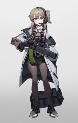 1girl absurdres black_pantyhose black_skirt brown_hair closed_mouth collared_shirt commentary full_body gradient_background green_necktie grey_background gun hachirodesu hair_between_eyes headset highres holding holding_gun holding_weapon jacket load_bearing_vest looking_at_viewer miniskirt necktie open_clothes open_jacket original pantyhose scope shirt skirt solo standing weapon white_jacket white_shirt