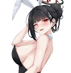 1girl alternate_breast_size amai-pai armpits blue_archive breasts commentary english_commentary highres large_breasts leotard playboy_bunny rio_(blue_archive) solo sweat