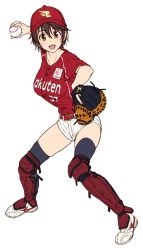 1girl baseball_cap baseball_glove baseball_jersey belt black_thighhighs breasts brown_eyes brown_hair catcher female_focus full_body hat idolmaster idolmaster_cinderella_girls jersey large_breasts looking_at_viewer nigou nippon_professional_baseball oikawa_shizuku red_belt red_hat red_shirt shirt short_hair short_shorts short_sleeves shorts simple_background solo thighhighs throwing touhoku_rakuten_golden_eagles white_background white_footwear white_shorts