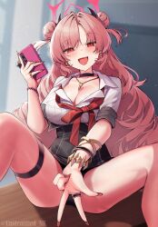 1girl :d black_choker blue_archive bracelet breasts cellphone choker cleavage commentary_request double_bun earrings fang fingernails gyaru_v hair_bun halo highres holding holding_phone jewelry kirara_(blue_archive) large_breasts long_hair loose_neck_ribbon nail_polish neck_ribbon necklace open_mouth phone pink_eyes pink_hair pink_halo red_eyes red_nails red_ribbon ribbon shirt short_sleeves sitting skin_fang smile solo thighs unidentified_nk v white_shirt