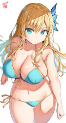 1girl 2025 artist_name belko bikini blonde_hair blue_bikini blue_eyes blush boku_wa_tomodachi_ga_sukunai breasts butterfly_hair_ornament cleavage collarbone curvy dated groin hair_ornament highres huge_breasts kashiwazaki_sena large_breasts long_hair looking_at_viewer navel open_mouth side-tie_bikini_bottom simple_background smile stomach swimsuit thick_thighs thighs white_background wide_hips