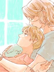 Rule 34 | 2boys, axis powers hetalia, blonde hair, creature, facial hair, france (hetalia), goatee stubble, higetsu, highres, kissing head, male focus, medium hair, multiple boys, profile, shirt, short hair, short sleeves, stubble, thick eyebrows, united kingdom (hetalia), window, yaoi