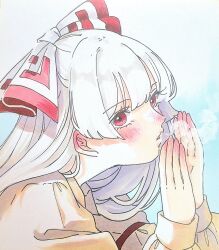 1girl blush bow breath cold fujiwara_no_mokou hair_bow highres long_hair long_sleeves looking_at_viewer mokoiscat open_mouth red_eyes shirt simple_background solo touhou traditional_media upper_body white_bow white_hair