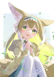 1girl animal_ears aqua_hairband aqua_skirt arknights blonde_hair blush cardigan colored_tips commentary_request flower fox_ears fox_girl fox_tail frilled_hairband frills green_eyes hairband highres holding holding_flower kitsune knees_up kyuubi long_hair long_sleeves looking_at_viewer multicolored_hair multiple_tails neck_ribbon official_alternate_costume open_mouth pantyhose partial_commentary puffy_long_sleeves puffy_sleeves red_ribbon ribbon shirt sitting skirt solo suzuran_(arknights) suzuran_(spring_praise)_(arknights) tail two-tone_hair white_hair white_pantyhose white_shirt yellow_cardigan yuuno_(u_no_0908)