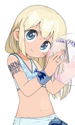 1girl blonde_hair blue_eyes blush crop_top highres long_hair looking_at_viewer midriff navel original simple_background slyger_ex smile solo sweat tan tattoo white_background wristband