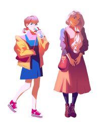 Rule 34 | 2girls, alternate costume, annette fantine dominic, arm up, bag, black socks, blonde hair, blue dress, blue sweater, blunt bangs, brown footwear, brown skirt, bubble tea, chuwenjie, closed mouth, commentary, converse, cup, disposable cup, dot nose, dress, drinking straw, drinking straw in mouth, english commentary, fashion, fire emblem, fire emblem: three houses, full body, hair over shoulder, hair rings, head tilt, highres, holding, holding cup, jacket, long sleeves, looking to the side, mercedes von martritz, multiple girls, nintendo, orange hair, pink shirt, shirt, shoulder bag, skirt, sleeves past wrists, smile, socks, standing, sweater, turtleneck, yellow jacket