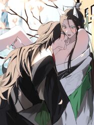 2boys animal_ears bare_legs bare_shoulders black_hair black_hanfu blush branch breasts brown_hair cat_boy cat_ears chinese_clothes cleavage collarbone falling_petals fang flower green_eyes green_hanfu green_ribbon hand_on_another&#039;s_chin hanfu hetero hickey highres huadian kemonomimi_mode leg_grab leg_up long_hair long_sleeves looking_at_another luo_binghe male_focus manjuyawaraka multiple_boys nipples off_shoulder open_clothes open_mouth open_robe outdoors pectorals petals pink_flower red_eyes renzha_fanpai_zijiu_xitong ribbon ribboned_xiao_guan robe robe_partially_removed shen_qingqiu spread_legs sweatdrop third-party_source topknot very_long_hair white_hanfu xiao_guan_(headdress) yaoi