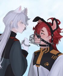 Rule 34 | 2girls, animal ears, animal hands, asticassia school uniform, black hairband, blue background, blue eyes, blush, cat ears, chain, chain leash, dog ears, fang, green jacket, grey eyes, grey hair, gundam, gundam suisei no majo, hairband, highres, holding, holding leash, jacket, kemonomimi mode, leash, long hair, looking at another, miorine rembran, multiple girls, muzzle (mask), parted lips, qnhuw, school uniform, suletta mercury, thick eyebrows, white jacket, yuri