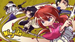 4boys artist_name attack_trail bandaged_arm bandaged_head bandages black_gloves black_pants blue_jacket blue_kimono blue_sleeves character_background closed_mouth coat collared_coat collared_jacket commentary company_name copyright_name copyright_notice crossover double-parted_bangs dual_wielding english_commentary english_text eyelashes fingerless_gloves frown gloves grey_eyes gungho hadanugi_dousa hair_between_eyes hair_intakes hair_tie hakama hakama_pants halftone halftone_background high_collar himura_kenshin holding holding_sword holding_weapon jacket japanese_clothes katana kimono long_hair long_sleeves looking_at_another multiple_boys ninjala nose official_art open_kimono outline pants parted_hair polka_dot polka_dot_background ponytail popped_collar profile purple_eyes purple_outline red_hair red_kimono red_petals red_sleeves rianti-wong rurouni_kenshin saitou_hajime_(rurouni_kenshin) scar scar_on_face second-party_source serious shinomori_aoshi shishio_makoto short_hair simple_background sword unsheathed v-shaped_eyebrows veil very_long_hair watermark weapon web_address white_coat white_hakama white_sleeve_cuffs white_sleeves white_veil wide_sleeves yellow_background yellow_eyes