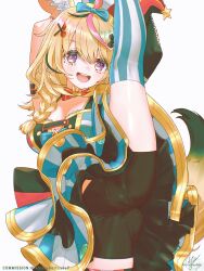 Rule 34 | 1girl, :d, absurdres, ahoge, animal ear fluff, animal ears, anversailles, arm strap, armpits, asymmetrical legwear, bike shorts, bike shorts under skirt, black hair, black shorts, blonde hair, blue bow, blue skirt, blue thighhighs, bow, bowtie, braid, breasts, cleavage, commentary, commission, double-parted bangs, english commentary, facial mark, fox ears, fox girl, fox tail, hair between eyes, hair bow, hair ornament, hair over shoulder, hairclip, hat, heart, heart-shaped pupils, highres, holding own leg, hololive, jester cap, layered skirt, leg lift, long hair, looking at viewer, mark under eye, miniskirt, mismatched legwear, multicolored hair, omaru polka, omaru polka (1st costume), open mouth, pink hair, pink thighhighs, purple eyes, red bow, red bowtie, shirt, shorts, side braid, simple background, single braid, skirt, sleeveless, sleeveless shirt, smile, solo, split, standing, standing on one leg, standing split, streaked hair, striped clothes, striped skirt, striped thighhighs, symbol-shaped pupils, tail, teeth, thighhighs, tilted headwear, traditional bowtie, upper teeth only, variant set, vertical-striped clothes, vertical-striped skirt, vertical-striped thighhighs, virtual youtuber, white background, x hair ornament