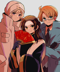 3boys ahoge america_(hetalia) axis_powers_hetalia black-framed_eyewear black_gloves black_necktie black_shirt blue_eyes blue_jacket brown_hair changpao china_(hetalia) chinese_clothes closed_mouth coat cowboy_shot crossed_arms down_jacket floral_print glasses gloves grey_vest hand_fan hand_in_pocket hand_up hat holding holding_fan jacket long_hair long_sleeves looking_at_viewer male_focus multiple_boys necktie open_clothes open_coat open_jacket orange_hair pocket purple_eyes russia_(hetalia) sanamaru_(sana79261827) scarf semi-rimless_eyewear shirt short_hair simple_background smile vest white_background white_coat white_hair white_hat white_scarf wide_sleeves yellow_eyes