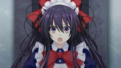 Rule 34 | 1girl, apron, bow, bowtie, date a live, date a live: spirit pledge, game cg, hair bow, long hair, maid, maid apron, maid headdress, official art, open mouth, puffy sleeves, purple eyes, purple hair, red bow, red bowtie, solo, tears, third-party source, v-shaped eyebrows, wire, yatogami tohka