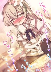 Rule 34 | 1girl, black pantyhose, blue archive, blush, breasts, brown hair, commentary request, crying, crying with eyes open, dress, flower, hair flower, hair ornament, hayasaka (neoneet), highres, long hair, long sleeves, medium breasts, nagisa (blue archive), nose blush, open mouth, paid reward available, pantyhose, pee, peeing, peeing self, solo, sound effects, tears, white dress, white flower