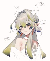 Rule 34 | 1girl, arknights, bare shoulders, blonde hair, commentary, cropped torso, dated, dragon girl, earrings, grey hair, hair between eyes, hair intakes, highres, jacket, jewelry, long hair, looking at viewer, multicolored hair, off shoulder, parted lips, partially colored, pointy ears, purple eyes, purple hair, senjunamako (hakiaya), shu (arknights), simple background, smile, solo, strapless, tube top, white background, white jacket, white tube top