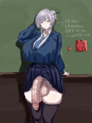 1futa arm_up black_thighhighs blue_cardigan blue_necktie blue_skirt breasts cardigan chalkboard check_translation condom condom_wrapper futanari grey_eyes grey_hair hair_bun hair_ornament hair_stick half-erect highres hth5k huge_breasts huge_penis itokonoue_kaoru large_testicles looking_at_viewer necktie no_panties penis pleated_skirt project_kv school_uniform skirt solo standing testicles thighhighs translation_request uncensored veins veiny_penis