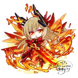 1girl armor az_(colorb05) brown_hair chibi duel_monster fire flaming_sword flaming_weapon full_body holding holding_sword holding_weapon long_hair mechanical_wings red_armor simple_background sky_striker_ace_-_kagari sky_striker_ace_-_raye solo sword weapon white_background wings yellow_eyes yu-gi-oh!