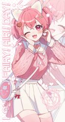 1girl ;d animal_ears badge bag blush bow bowtie button_badge cable_knit character_name cherrymeing choker commentary cowboy_shot dated double-parted_bangs english_text fake_animal_ears fang hair_intakes hair_ornament hairclip half-heart_hands hand_on_own_face handbag hands_up head_tilt heart heart-shaped_hair heart_hands heart_in_heart_hands hexagram highres long_hair long_sleeves looking_at_viewer miniskirt momoi_airi one_eye_closed open_mouth pendant_choker pink_bow pink_bowtie pink_hair pink_skirt pink_sweater pleated_skirt polka_dot polka_dot_background project_sekai red_eyes shoulder_bag skin_fang skirt smile sparkle standing sweater sweater_tucked_in symbol-only_commentary two-tone_skirt two_side_up white_background white_bag white_choker white_skirt x_hair_ornament zoom_layer