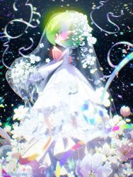 1girl black_background blush bouquet confetti creatures_(company) dress ekm flower from_side game_freak gardevoir gen_3_pokemon green_hair highres holding holding_bouquet mega_gardevoir mega_pokemon nintendo pokemon pokemon_(creature) profile solo veil white_dress white_flower