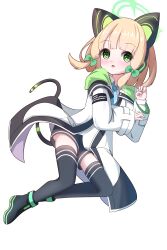 1girl absurdres animal_ear_headphones animal_ears aqua_necktie ass ass_peek black_boots black_jacket black_shorts black_tail black_thighhighs blonde_hair blue_archive blush boots bow cat_ear_headphones cat_ears cat_tail clothes_writing collared_shirt commentary fake_animal_ears fake_tail full_body green_bow green_eyes green_halo green_jacket hair_bow halo hand_up headphones highres hood hooded_jacket jacket layered_sleeves loli long_sleeves looking_at_viewer low-tied_sidelocks midori_(blue_archive) multicolored_jacket necktie open_clothes open_jacket parted_lips shirt short_hair short_necktie short_shorts shorts sidelocks simple_background solo sunlc tail thighhighs white_background white_jacket white_shirt