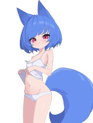 1girl :/ absurdres animal_ears armpits blue_hair breasts camisole camisole_lift closed_mouth clothes_lift eyebrows_hidden_by_hair fox_ears fox_girl fox_tail from_side highres lifting_own_clothes looking_at_viewer miya_(myakuro) myakuro navel original panties red_eyes short_hair simple_background small_breasts solo stomach strap_slip tail underwear white_background white_panties