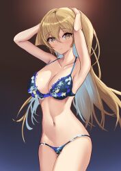 1girl absurdres arerex armpits blonde_hair bra breasts brown_eyes cleavage closed_mouth collarbone cowboy_shot hair_between_eyes highres large_breasts long_hair looking_at_viewer navel panties smile solo tenjouin_asuka underwear yu-gi-oh! yu-gi-oh!_gx