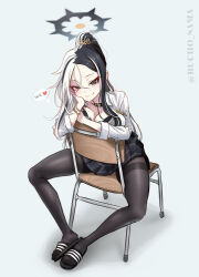 Rule 34 | 1girl, absurdres, black eyes, black hair, blue archive, bracelet, breast press, breasts, bucho sama, chair, cleavage, eyeliner, halo, highres, jewelry, kai (blue archive), large breasts, long hair, makeup, medium breasts, multicolored hair, pantyhose, pleated skirt, school uniform, sitting, skirt, slippers, smile, solo, thighband pantyhose, two-tone hair, white hair