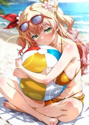 Rule 34 | 1girl, absurdres, anime coloring, ball, bare shoulders, barefoot, beachball, bikini, blonde hair, blurry, blurry background, bow, breasts, butterfly sitting, eyewear on head, gradient hair, green eyes, hair bow, hair ornament, highres, hololive, hugging object, isakoro (hx9cj), large breasts, long hair, momosuzu nene, multicolored hair, orange bikini, outdoors, pink hair, red bow, sitting, swimsuit