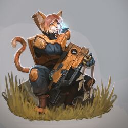 1girl animal_ears barefoot blue_eyes brown_hair cat_ears cat_girl cat_tail cigarette felinid furry furry_female grass gun highres jewelry lighter necklace orange_fur simple_background sitting smoking solo soul_ant19 t&#039;au tail warhammer_40k weapon