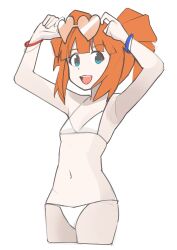 1girl absurdres arms_up bikini blue_eyes breasts ch2haya_p cowboy_shot cropped_legs eyewear_on_head heart heart-shaped_eyewear highres idolmaster idolmaster_(classic) looking_at_viewer navel open_mouth orange_hair simple_background small_breasts smile solo standing string_bikini sunglasses swimsuit takatsuki_yayoi teeth twintails upper_teeth_only white_background white_bikini wristband