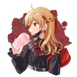 1boy ahoge black_mask brown_eyes brown_hair crossdressing cup earrings ensemble_stars! flower frilled_sleeves frills hair_between_eyes hair_ribbon holding holding_cup jewelry jirai_kei long_hair long_sleeves looking_ahead mashiro_tomoya mask mouth_mask red_flower red_ribbon red_rose ribbon rose shisokonbu solo trap upper_body white_background