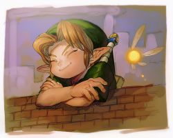 1boy aoki_(fumomo) blonde_hair border closed_eyes closed_mouth crossed_arms green_headwear green_shirt happy link male_focus navi nintendo outdoors parted_bangs pointy_ears shirt short_hair short_sleeves smile stone_wall sword the_legend_of_zelda the_legend_of_zelda:_ocarina_of_time wall weapon weapon_on_back white_border young_link