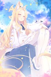 1girl animal_ears bird blonde_hair blue_archive blue_sky blush commentary_request detached_sleeves flat_chest fox_ears halo highres long_hair looking_at_viewer nimura_yuuji pantyhose seia_(blue_archive) sitting sky sleeves_past_fingers sleeves_past_wrists solo very_long_hair white_bird white_pantyhose yellow_eyes