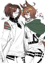 2girls absurdres agnes_tachyon_(umamusume) blush brown_cape cape chemical_structure coat collared_shirt commentary cosplay costume_switch earrings exit_runaway glasses hair_between_eyes hair_ornament hand_on_own_hip hange_zoe hem_peeking_out highres jewelry lab_coat long_sleeves looking_at_viewer medium_hair multiple_girls necktie open_clothes open_coat parted_lips partially_colored pen ponytail red_eyes shingeki_no_kyojin shirt short_necktie simple_background single_earring sleeves_past_fingers sleeves_past_wrists smile sweater thigh_strap trait_connection umamusume white_background