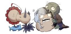 black_hair black_horns commentary elizabeth_rose_bloodflame english_commentary flower grey_hair hololive hololive_english horns multicolored_hair nerissa_ravencroft peashooter_(plants_vs_zombies) plants_vs_zombies shiori_novella split-color_hair sunflower sunflower_(plants_vs_zombies) teeth two-tone_hair virtual_youtuber vulpusraven wall-nut_(plants_vs_zombies) zombie zombie_(plants_vs_zombies)