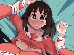 2girls achmad_sjahrir azumanga_daioh&#039;s_school_uniform azumanga_daiou blush bra brown_eyes brown_hair female_pov holding_another&#039;s_wrist imminent_rape kasuga_ayumu long_hair looking_at_viewer multiple_girls on_bed parted_lips pink_serafuku pink_shirt pov sakaki_(azumanga_daioh) school_uniform serafuku shirt sweat underwear yuri