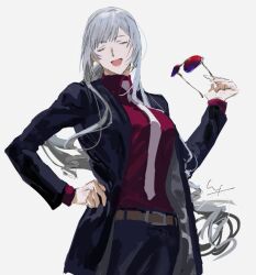 Rule 34 | 1girl, ak-12 (girls&#039; frontline), ak-12 (lucia) (girls&#039; frontline), belt, formal clothes, girls&#039; frontline, grey hair, long hair, matoba (ga6life), necktie, open mouth, purple eyes, red shirt, shirt, solo, suit, sunglasses