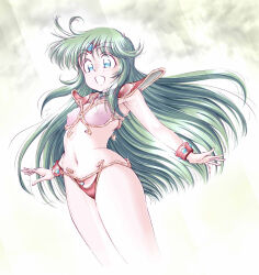 Rule 34 | 1girl, armor, ayanokouji rem, bikini, bikini armor, bracer, breasts, covered erect nipples, dream hunter rem, green eyes, green hair, highres, kankanze, long hair, navel, open mouth, pauldrons, pink bikini, red bikini, shoulder armor, small breasts, solo, stomach, swimsuit, thighs, tiara