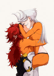 2girls bodysuit closed_eyes commentary dark-skinned_female dark_skin french_kiss gundam gundam_suisei_no_majo hand_in_another&#039;s_hair hand_on_another&#039;s_ass hand_on_another&#039;s_head highres himmel_(keine_haare) hug kiss long_hair miorine_rembran multiple_girls orange_bodysuit red_hair simple_background spacesuit suletta_mercury white_background white_hair yuri