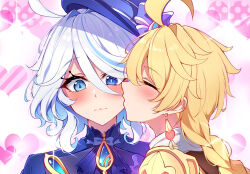 1boy 1girl aether_(genshin_impact) armor ascot blonde_hair blue_eyes blue_hair blue_hat blush braid closed_eyes closed_mouth earrings furina_(genshin_impact) genshin_impact hair_between_eyes hat heart heterochromia highres jewelry kiss kissing_cheek long_hair looking_at_viewer midori_(midori13579) multicolored_hair shoulder_armor simple_background streaked_hair symbol-shaped_pupils top_hat white_hair