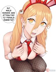 Rule 34 | 1girl, absurdres, alternate costume, alternate hairstyle, between breasts, blonde hair, breasts, cat hair ornament, chainsaw man, commentary, cross-shaped pupils, demon girl, demon horns, detached collar, dismaiden, english commentary, english text, fishnet pantyhose, fishnets, hair between eyes, hair ornament, highres, horns, large breasts, leotard, long hair, long hair between eyes, necktie, necktie between breasts, open mouth, pantyhose, playboy bunny, power (chainsaw man), red horns, red leotard, red necktie, sharp teeth, simple background, solo, speech bubble, symbol-shaped pupils, teeth, twintails, white background, yellow eyes