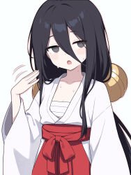 Rule 34 | 1girl, bell, black eyes, black hair, blush, breasts, chest sarashi, chuugoku usagi, hair bell, hair between eyes, hair ornament, hakama, highres, japanese clothes, jingle bell, kimono, long hair, miko, open mouth, red hakama, sarashi, simple background, small breasts, suuchi maigo (nan), voicevox, white background, white kimono, wide sleeves