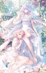 2girls angel_wings bare_shoulders barefoot blue_butterfly blue_eyes blue_hair breasts bridal_gauntlets bridal_veil bride bug butterfly cleavage closed_mouth day dress earrings feathered_wings flower highres index_finger_raised insect jewelry leila_(toosaka_asagi) lily_(toosaka_asagi) long_hair looking_at_viewer medium_hair mole mole_under_eye multiple_girls open_mouth original outdoors pink_eyes pink_hair short_sleeves sitting smile thighs toosaka_asagi veil watermark wedding_dress white_bridal_gauntlets white_dress white_flower white_veil white_wings wings