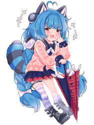 +++ 1girl absurdres ahoge alternate_costume alternate_hairstyle animal_ears asymmetrical_legwear black_boots black_skirt blue_hair blunt_bangs blush boots bow braid brown_eyes cable_knit chromashift commentary cosplay english_commentary full_body hair_bobbles hair_bow hair_ornament heart heart_ahoge highres holding holding_umbrella jacket long_hair long_sleeves miniskirt neckerchief open_mouth pink_jacket poko_rakun poko_rakun_(artist) purple_socks raccoon_ears raccoon_girl raccoon_tail shirt simple_background skirt smile smug socks solo striped_clothes striped_socks tail thigh_strap twin_braids twintails ukinami_yuzuha ukinami_yuzuha_(cosplay) umbrella uneven_legwear very_long_hair virtual_youtuber white_background white_bow white_neckerchief zenless_zone_zero