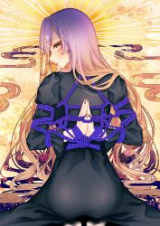 Rule 34 | 1girl, absurdres, arms behind back, ass, bdsm, black dress, blonde hair, bound, bound arms, bound wrists, closed mouth, cloud, commentary request, dress, egasumi, full body, gradient hair, halo, halo behind head, highres, hijiri byakuren, long hair, long sleeves, looking at viewer, looking back, mokokiyo (asaddr), multicolored hair, praying, purple hair, restrained, reverse prayer, rope, shibari, shibari over clothes, smile, solo, sunburst, touhou, very long hair