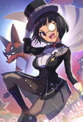 1girl :d ascot black_footwear black_hair black_headwear black_jacket boots brown_skirt commentary_request gen_8_pokemon gloves gonzarez hand_on_headwear hand_up hat head_tilt highres jacket monocle nintendo official_alternate_costume opaque_monocle open_mouth pantyhose pokemon pokemon_(creature) pokemon_masters_ex red_eyes shirt skirt smile teeth thievul tongue top_hat upper_teeth_only white_ascot white_gloves white_shirt zinnia_(pokemon) zinnia_(special_costume)_(pokemon)